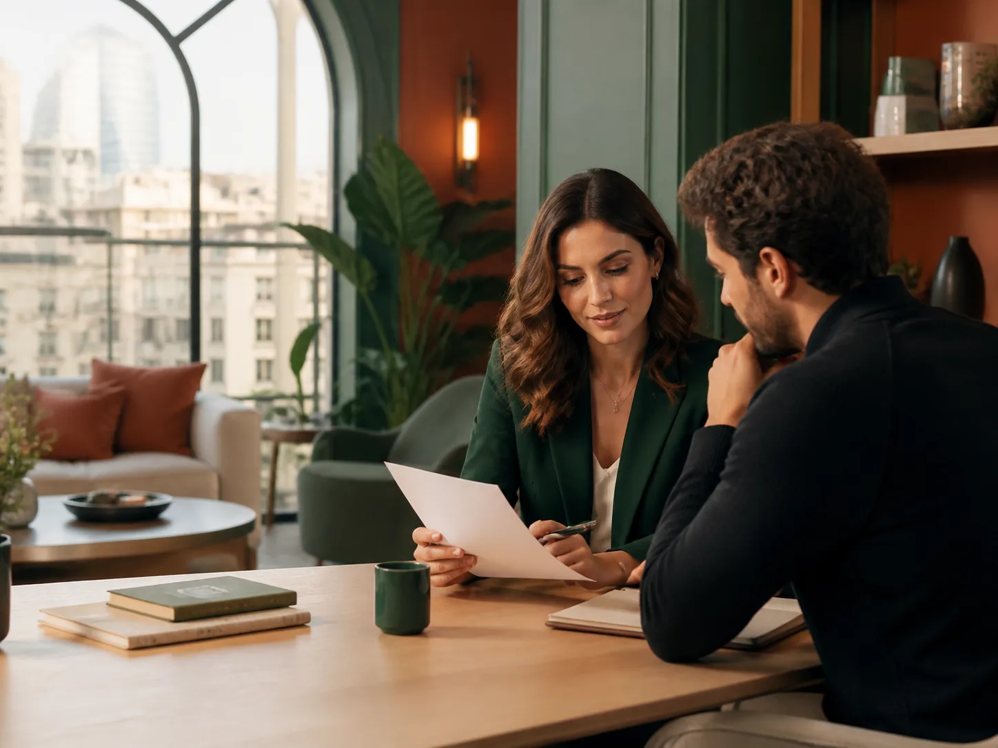 A career consultant reviewing a resume with a client in a bright modern office