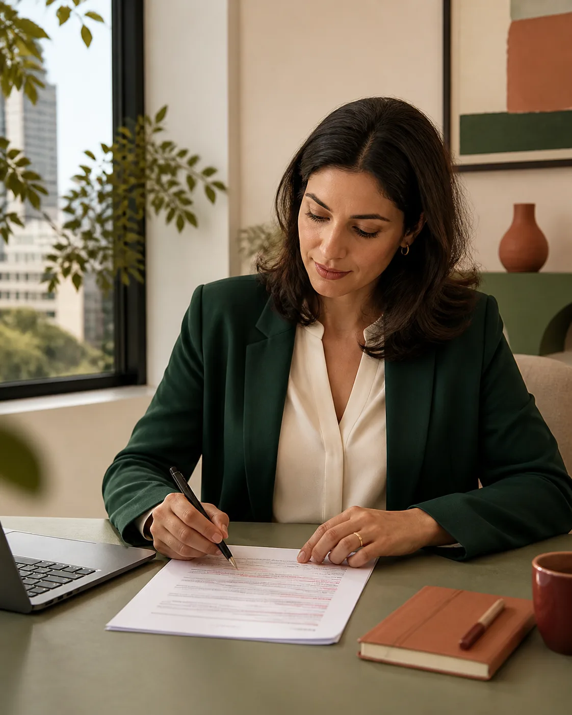 A career consultant reviewing a CV at a desk